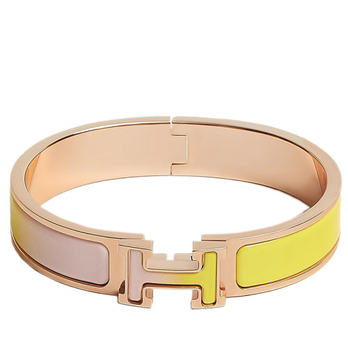HERMES/愛馬仕 經(jīng)典款Clic H系列 糖果粉/網(wǎng)球黃漸變色琺瑯鍍玫瑰金飾面H標(biāo)識手鐲 H700003FOE1