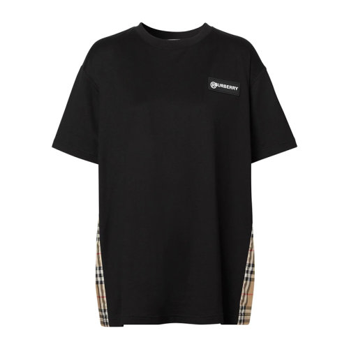 BURBERRY/博柏利女裝 服裝 21春夏 黑色棉質(zhì)經(jīng)典LOGO款復(fù)古格紋圓領(lǐng) 女士短袖T恤格紋裁片