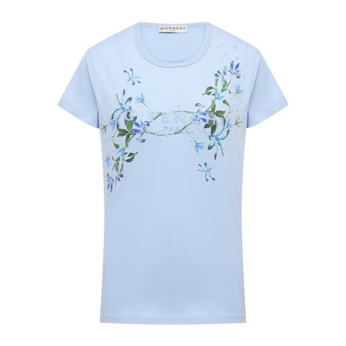 Givenchy/紀梵希 女士淺藍色棉質經(jīng)典字母徽標印花裝飾圓領短袖上衣T恤 BW707Y3Z3W-450