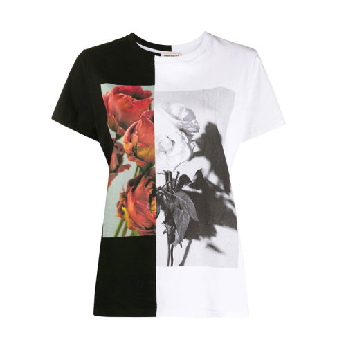 Alexander McQueen/亞歷山大麥昆  女裝 女士雙色玫瑰印花時(shí)尚百搭圓領(lǐng)春夏短袖T恤 610881QZAAY520