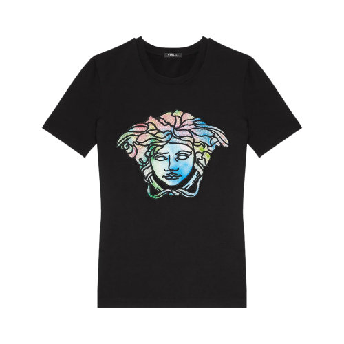 VERSACE/范思哲 女士黑色棉質(zhì)美杜莎頭像裝飾圓領(lǐng)短袖上衣T恤 1004151-1A00769-1B000