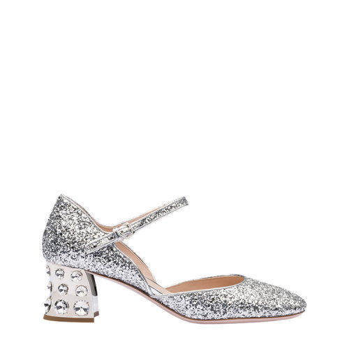 MiuMiu/繆繆 銀色 女士通體亮片仿水晶裝飾跟瑪麗珍中跟鞋 5I966C_ME6_F0118_F_D055