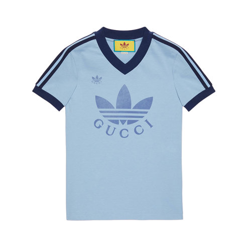 GUCCI/古馳 22年秋冬新款 adidas聯(lián)名系列 女士淺藍(lán)色純棉Logo印花短袖T恤?693636XJEBZ4709