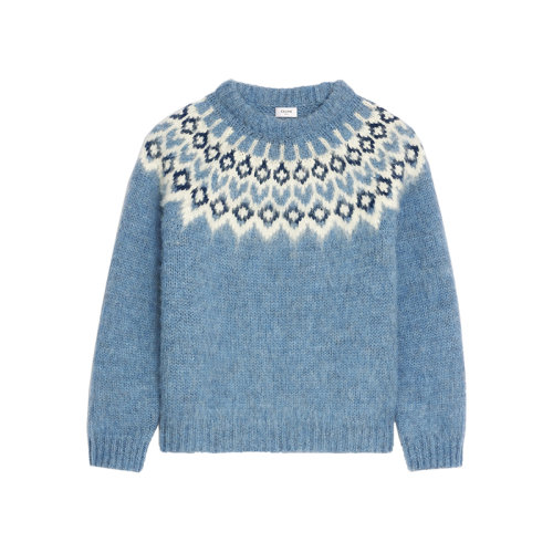 CELINE/賽琳 22年秋冬新款 女士淺藍(lán)色羊毛飾有白色/黑色提花圖案圓領(lǐng)羅紋毛衣2AD30120O.07BL