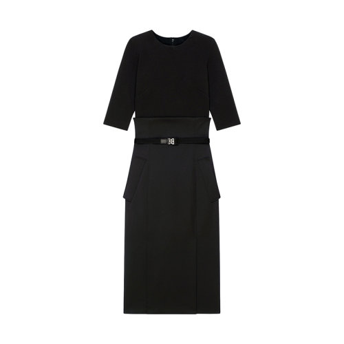 Givenchy/紀(jì)梵希 22年秋冬新款 女士黑色科技羊毛混紡斜紋短袖中長(zhǎng)款連衣裙BW21GK14FX-001