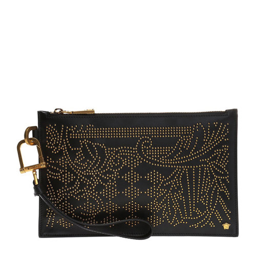 VERSACE/范思哲 男士黑色小牛皮鉚釘裝飾拉鏈開(kāi)合公文包手拿包手包腕包男包 DP84725-DARLS-K41OT