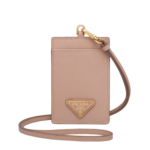 PRADA/普拉達(dá) 22年新款 女士皮粉色Saffiano皮革三角金標(biāo)腕帶卡夾1MC007_QHH_F0236