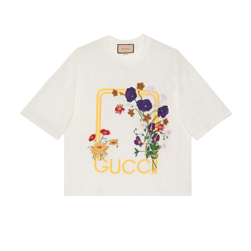 GUCCI/古馳 22年秋冬新款 Lovelight系列 男士白色亞麻面料花束刺繡短袖T恤?706918XJERQ9133