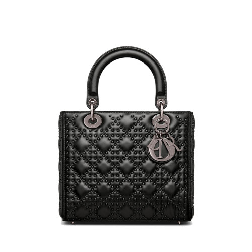 DIOR/迪奧 22新款LADY DIOR系列 女士中號(hào)黑色羊皮革藤格紋刺繡鉚釘裝飾單肩斜挎手提戴妃包M0565BNNH_M900