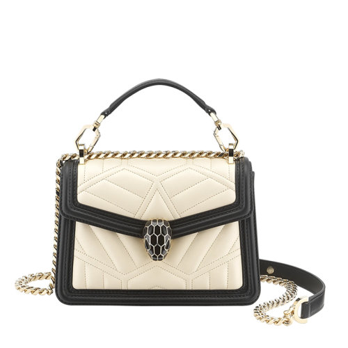 BVLGARI/寶格麗 SERPENTI DIAMOND BLAST系列 女士小號白色納帕皮黑色皮革飾邊翻蓋黑色蛇頭扣鏈條單肩斜挎包291009