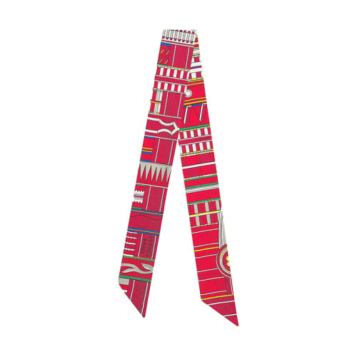 HERMES/愛(ài)馬仕 Twilly 女士紅/綠/黃真絲斜紋布絲巾H063516S13