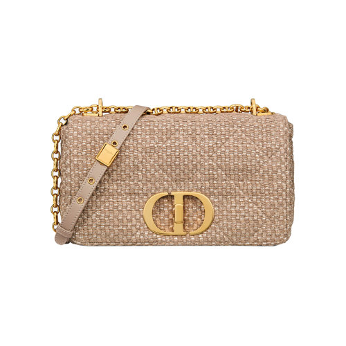 DIOR/迪奧 22新款 Caro系列 女士中號(hào)棕色斜紋刺繡軟呢翻蓋復(fù)古金色紐扣拆卸鏈條肩帶手提肩背斜挎包M9242UTIZ_M16E