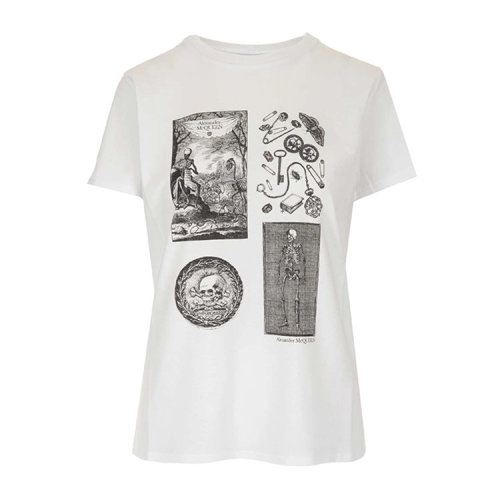 Alexander McQueen/亞歷山大麥昆  女裝 圖案裝飾 女士白色棉質(zhì)圓領(lǐng)春夏短袖T恤 651373QZACK0900