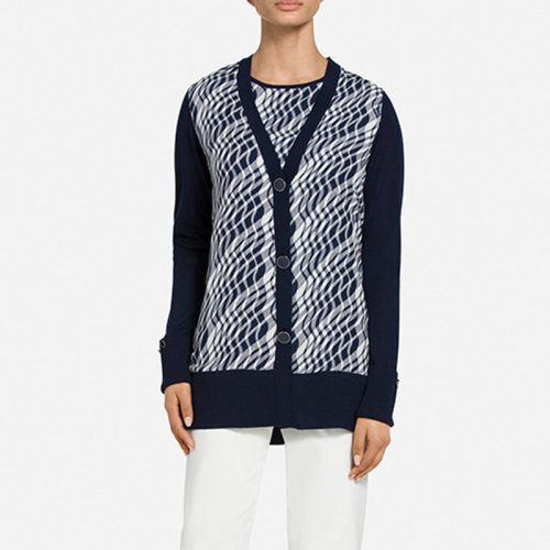 St.John/盛薔深藍色格紋羊毛針織開衫外套女士夾克K6100S2