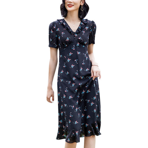 GeleiStory/GeleiStory 夏季新款氣質v領中長款真絲連衣裙法式荷葉邊  女裝＞女士裙裝＞女士連衣裙