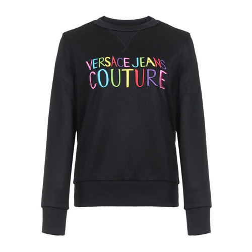VERSACE JEANS/范思哲牛仔 女士黑色聚酯纖維混紡棉質(zhì)經(jīng)典字母徽標(biāo)刺繡裝飾圓領(lǐng)長(zhǎng)袖上衣衛(wèi)衣運(yùn)動(dòng)衫套頭衫 B6HVB70G-30325-899