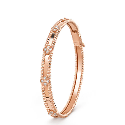 Van Cleef & Arpels/梵克雅寶 Perlée sweet trèfles系列 18K金玫瑰金鑲嵌鉆石四葉草手鐲VCARP6X200