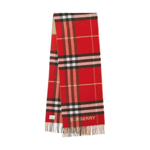 BURBERRY/博柏利 22年早春新款 男女同款米色/紅色純羊絨對比感格紋流蘇圍巾80504951