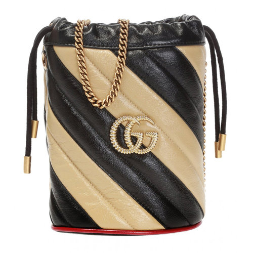GUCCI/古馳 辛芷蕾同款女士黑色小牛皮經(jīng)典雙G金屬字母徽標(biāo)條紋裝飾抽繩開合單肩包斜挎包鏈條包水桶包女包 573817-0OLQX-9694