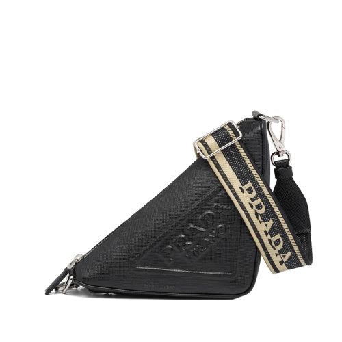 PRADA/普拉達 22年新款 男士黑色皮革編織黑色米色肩帶拉鏈可調徽標印花三角形斜挎單肩包2VH5_2FAD_F0002_V_OOO