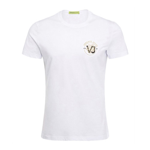 VERSACE JEANS 范思哲牛仔 白色棉圓領(lǐng)經(jīng)典logo 刺繡 男士短袖T恤