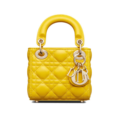 DIOR/迪奧 23新款 LADY系列 女士迷你黃色小羊皮拆卸復(fù)古金色吊飾調(diào)節(jié)拆卸肩帶肩背斜挎手提包S0856ONGE_M32Y