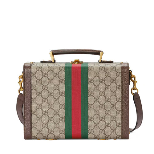 GUCCI/古馳 22春夏新款 男士米色/烏木色帆布棕色皮革滾邊飾紅綠條紋織帶金扣單肩斜跨手提盒子化妝包6335872YGAT8358