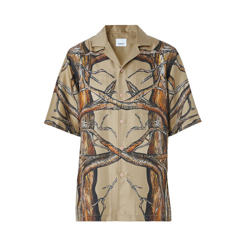 BURBERRY/博柏利 男士拼色桑蠶絲印花裝飾翻領(lǐng)短袖襯衫 8042030