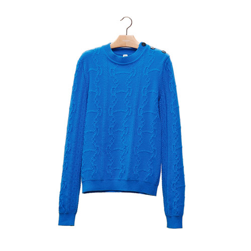 HERMES/愛(ài)馬仕 22年秋冬新款 女士藍(lán)色羊毛混紡Promenade du Matin印花編織肩處飾牛角紐扣長(zhǎng)袖套頭衫毛衣H2H2644D67R34