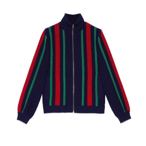  GUCCI古馳 22年秋冬 男士 飾縱向織帶針織羊毛飛行員夾克 713505 XKCN9 4684