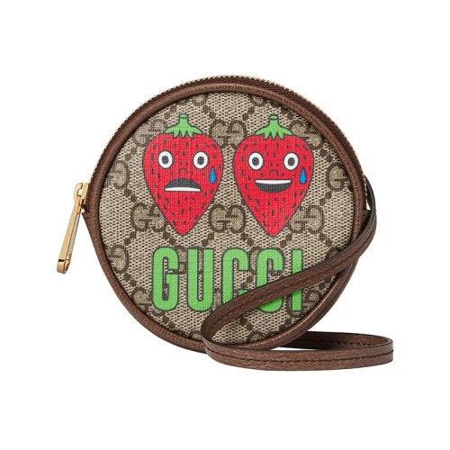 GUCCI/古馳  22新款 Gucci Love Parade系列 男款米色/烏木色 老花帆布皮革飾面草莓印花斜挎零錢(qián)包700734UF1AG8679