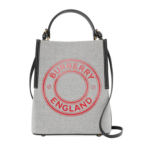 BURBERRY/博柏利 Peggy系列小號(hào)女士灰色帆布配皮經(jīng)典字母徽標(biāo)印花馬術(shù)風(fēng)格敞口開(kāi)合單肩包斜挎包手提包水桶包女包 8036822
