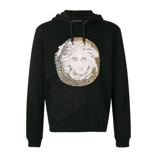 VERSACE/范思哲 男士黑色棉質(zhì)混紡聚酯纖維經(jīng)典美杜莎頭像裝飾長袖上衣衛(wèi)衣連帽衫運(yùn)動(dòng)衫套頭衫 A80434-A226514-A008
