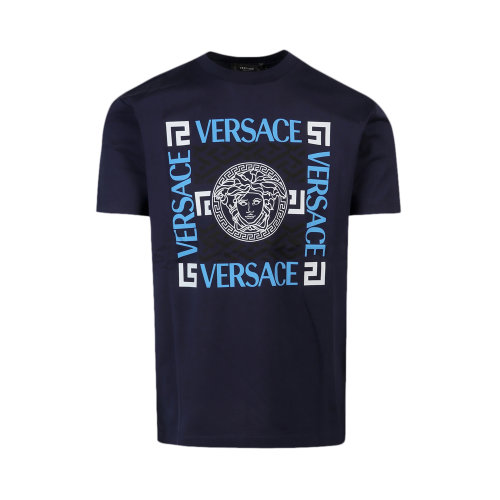 VERSACE/范思哲 男士深藍(lán)色棉質(zhì)印花裝飾圓領(lǐng)短袖上衣T恤 10042071-A030471-U830