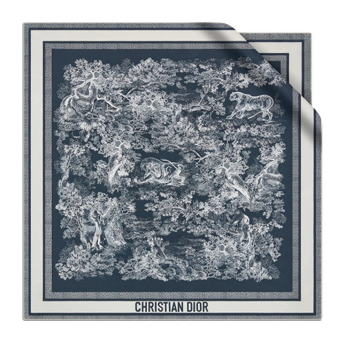 DIOR/迪奧 22年春夏新款 女士海軍藍和象牙色真絲斜紋布Toile de Jouy Sauvage圖案方巾15JOU090I602_C585