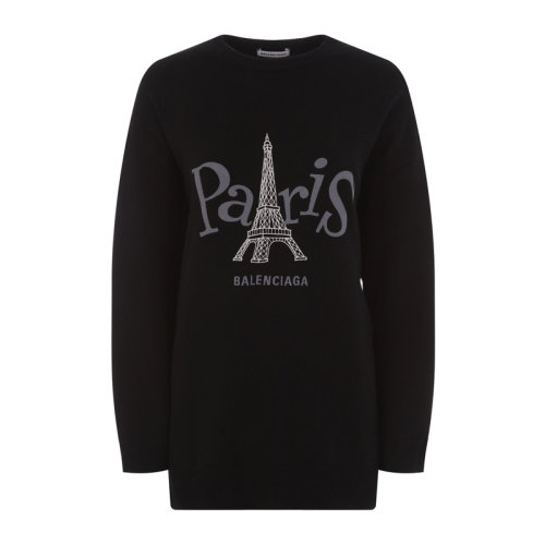 Balenciaga/巴黎世家 女士黑色羊絨PARIS字母埃菲爾天塔印花圓領(lǐng)長袖針織衫毛衣 595117-T4100-2473