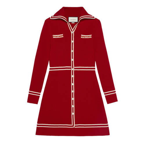 GUCCI/古馳  21早春新款女士紅色GG提花羊毛連衣裙 644564XKBNZ6176