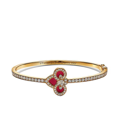 Tiffany & Co./蒂芙尼 22春夏新款Fleur de Lis系列 18K金黃金鑲嵌紅玉髓和鉆石手鐲GRP12168