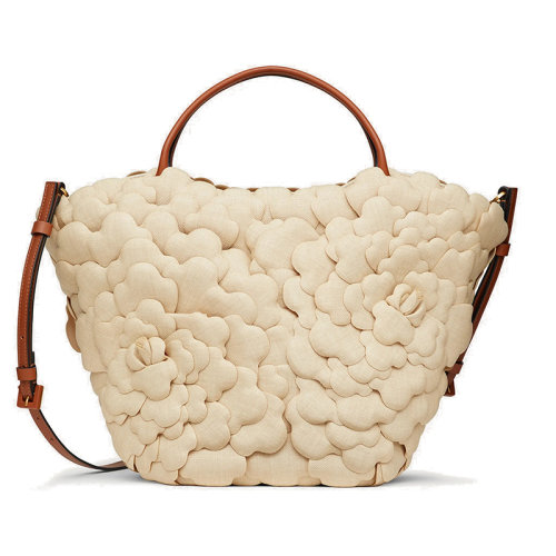 Valentino/華倫天奴 Atelier系列 女士自然/皮革色酒椰葉03玫瑰版花瓣水桶單肩斜挎手提包VW2B0I74TCWH20