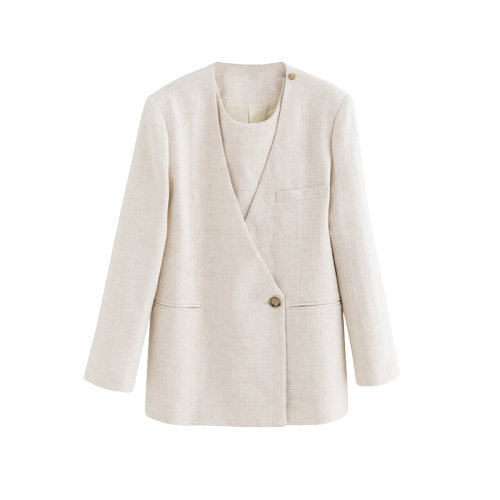 GeleiStory/GeleiStory 夏季新款棉麻時尚西裝女假兩件休閑洋氣長袖外套套裝 女裝＞女士套裝＞女士職業(yè)套裝