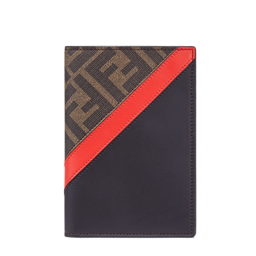 FENDI/芬迪  男士棕色FF提花織物黑色小牛皮紅色調(diào)護(hù)照夾7M0282A9XSF19P9