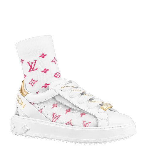 Louis Vuitton/路易威登 22年早春新款 TIME OUT系列 女士白色牛皮革粉色老花襪子混合材質(zhì)運動鞋1A9PZS