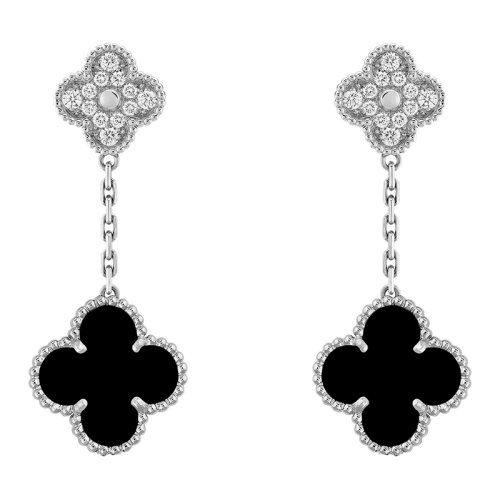 Van Cleef & Arpels/梵克雅寶 經(jīng)典款MagicAlhambra系列 18K金白金鑲嵌黑色瑪瑙和全鉆四葉草優(yōu)雅耳墜VCARP2RA00
