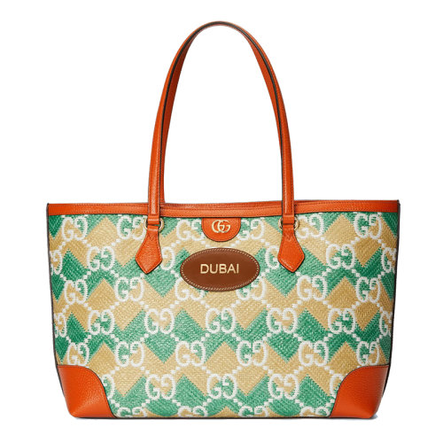 GUCCI/古馳 22新款 女士綠色/奶油色草編面料配橙色皮革GG老花DUBAI字樣刺繡手提包托特包631685UYFIG8826