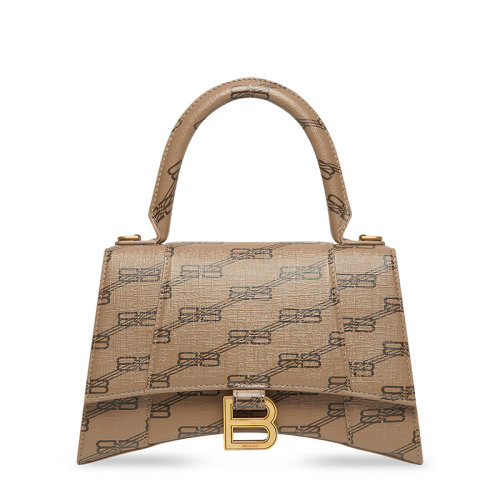Balenciaga/巴黎世家 22新款Hourglass系列 女士小號米色/棕色BB老花印花帆布金扣單肩手提沙漏包593546210DE2762