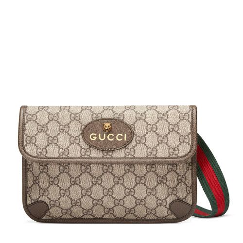 Gucci/古馳 女士翻蓋條紋織帶小號郵差包腰包米色/烏木色493930 9C2VT 8745