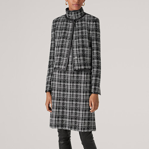 St.John/盛薔黑白格子呢短款針織女士夾克外套K6110K3