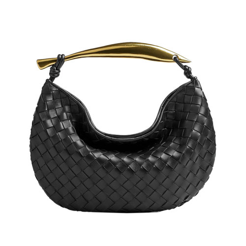 Bottega Veneta/葆蝶家 22新款 女士黑色羔羊皮編織配金屬手柄磁扣開(kāi)合黃銅飾面手提包716082VCPP11019