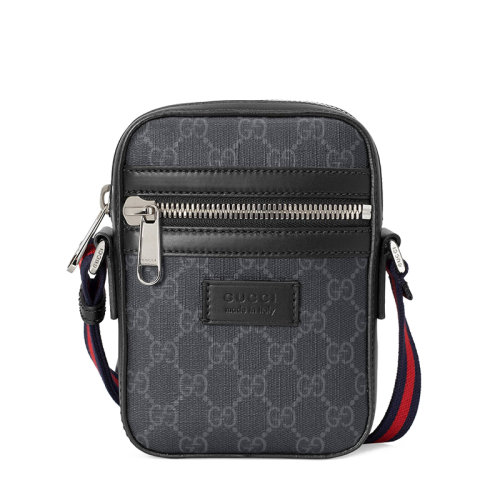 GUCCI/古馳 22春夏新款 男士小號黑色/灰色帆布黑色皮革滾邊飾紅藍條紋織物肩帶銀扣單肩斜跨郵差包682357K5RLN1095