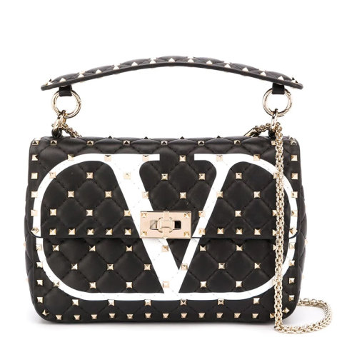 Valentino/華倫天奴 Rockstud Spike系列小號女士黑色皮革經(jīng)典字母徽標(biāo)印花鉚釘裝飾單肩包斜挎包鏈條包女包 UW2B0122-LNN-NER